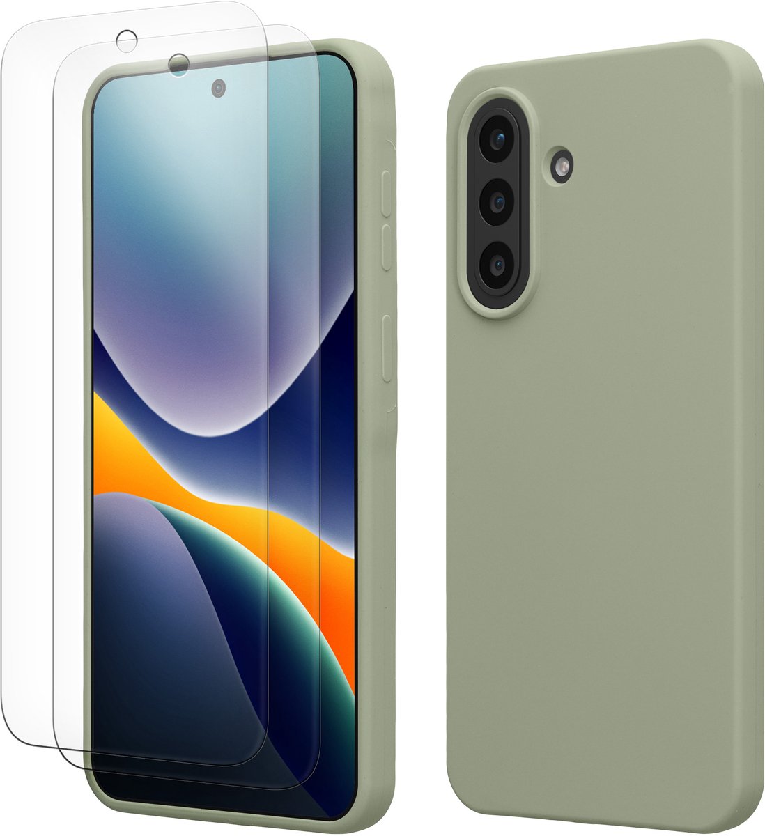 kwmobile hoes met 2x screenprotectors voor Samsung Galaxy A57 5G – screenprotector van gehard glas – draadloos opladen – grijsgroen