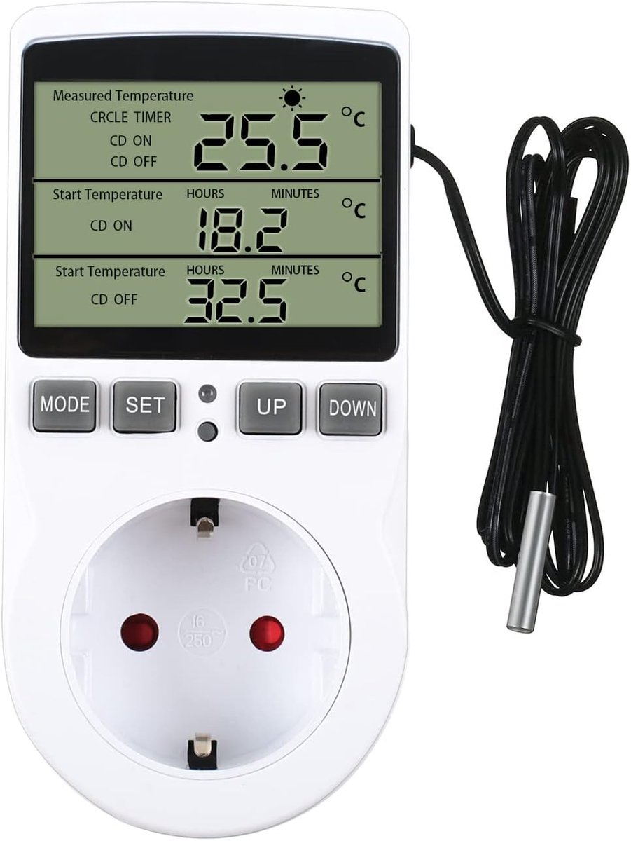 SnelShoppen - Temperatuurregelaar Temperatuurschakelaar 230 V met Timer en Sonde voor Broeikas Terrarium Aquarium - Verwarming & Koeling - Max 16A - N