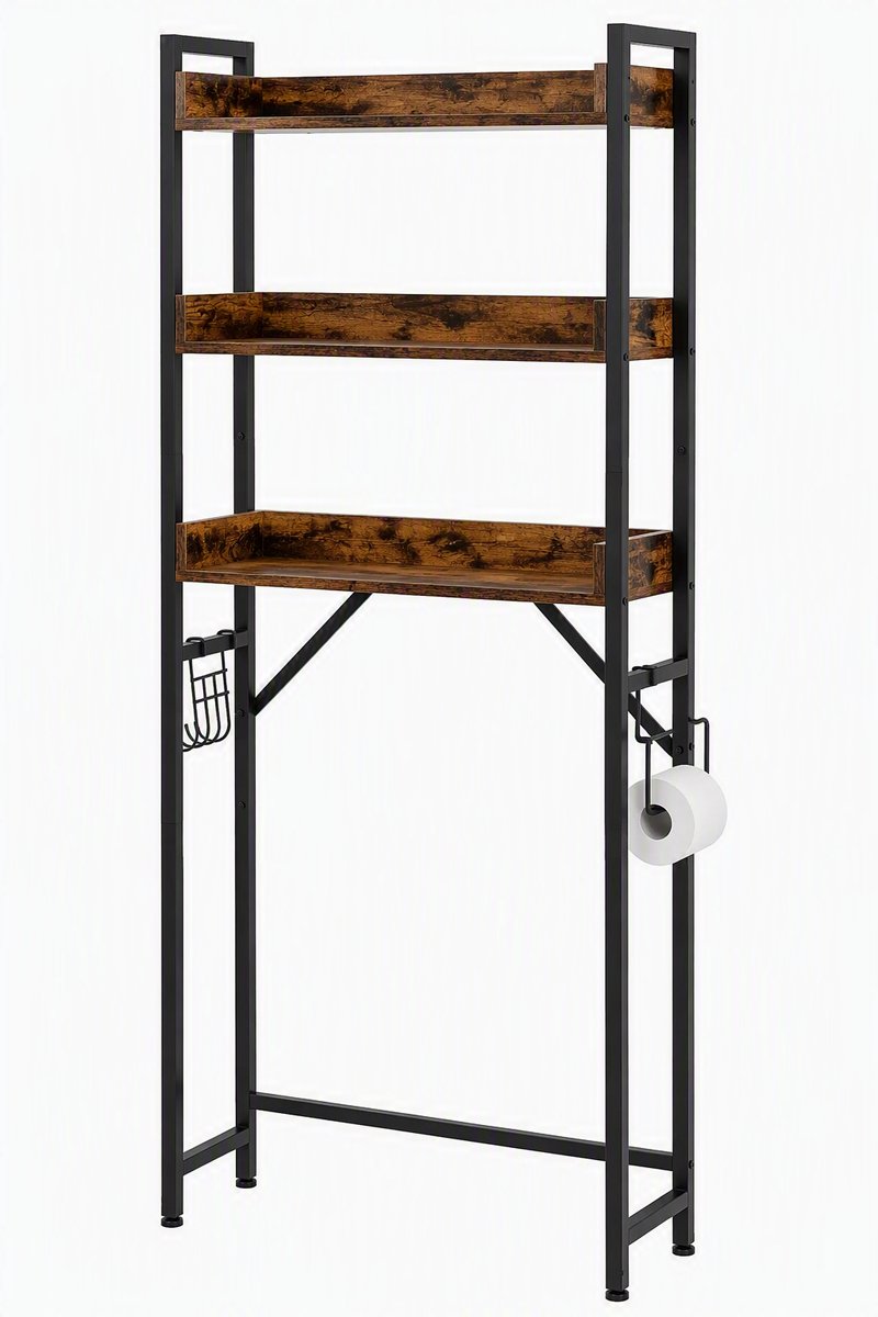 Nutrella - Vrijstaand badkamerrek - Opbergplanken - Haken en toiletrolhouder - 3 niveaus - Stevige constructie - 162 x 63,5 x 25,5 cm - Bruin