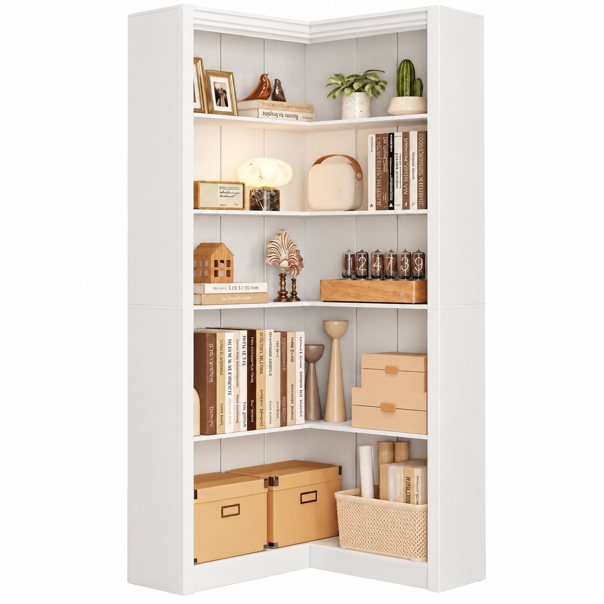 Bresht Boekenkast - Hoekkast - 5 Niveaus - Krasbestendig - MDF - Hoekrek - Met Anti-Kantelbeveiliging - Wit - 80 x 80 x 182,4 cm