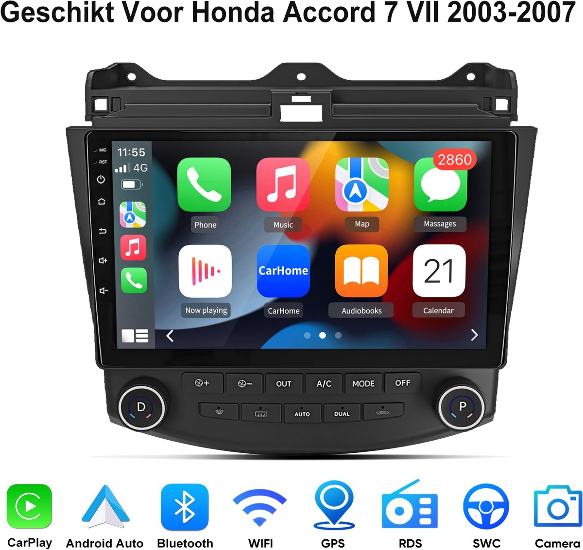 Junsun Android 15 Autoradio Geschikt Voor Honda Accord 7 VII 2003-2007 - Draadloze CarPlay & Andriod Auto - GPS-navigatiesysteem - Bluetooth - Stuurwielbediening - 10-inch HD Touchscreen - WiFi - RDS - USB - 4GB+64GB