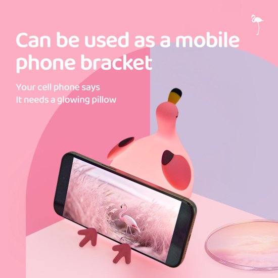 Flamingo Nachtlampje voor Kinderen - Siliconen LED Bedlampje met Telefoonstandaard, Oplaadbaar, Touch, 3 Dimbare Niveaus, 30 min Timer - Kinderkamer Cadeau — afbeelding 2