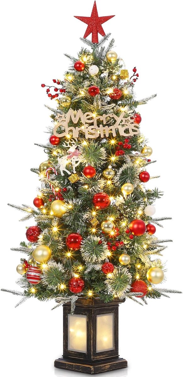 120 cm Voorgelichte kunstkerstboom met warmwitte LED’s en sneeuwafwerking – 8 lichtmodi en timer voor kerstdecoratie thuis en op kantoor
