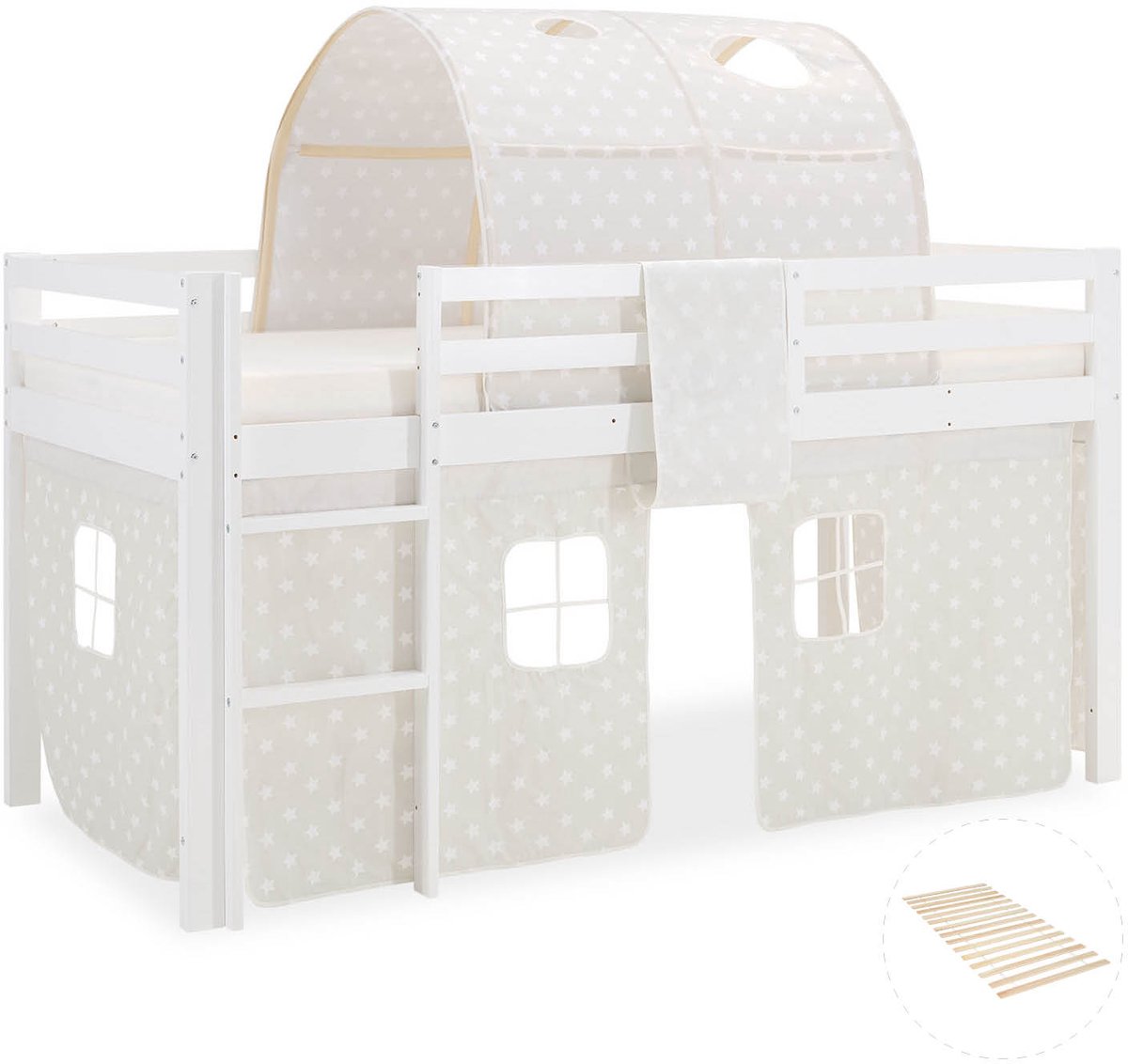 Homestyle4u Hoogslaper - 90x200 cm - met lattenbodem - tunnel en gordijn grijs sterren Wit