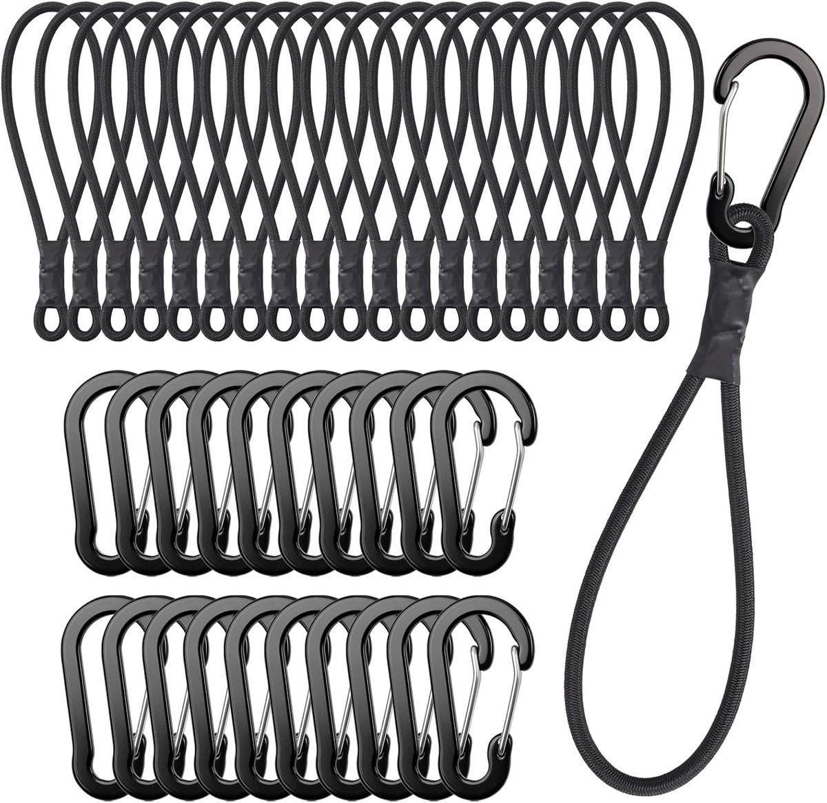 20 stuks bungeekoorden met haken - elastische korte bungee-touwen met karabijnhaken - kleine dekzeilhaken - voor campingzeil, tenten, luifel en bevestigingen (zwart, 25 cm x 4 mm)