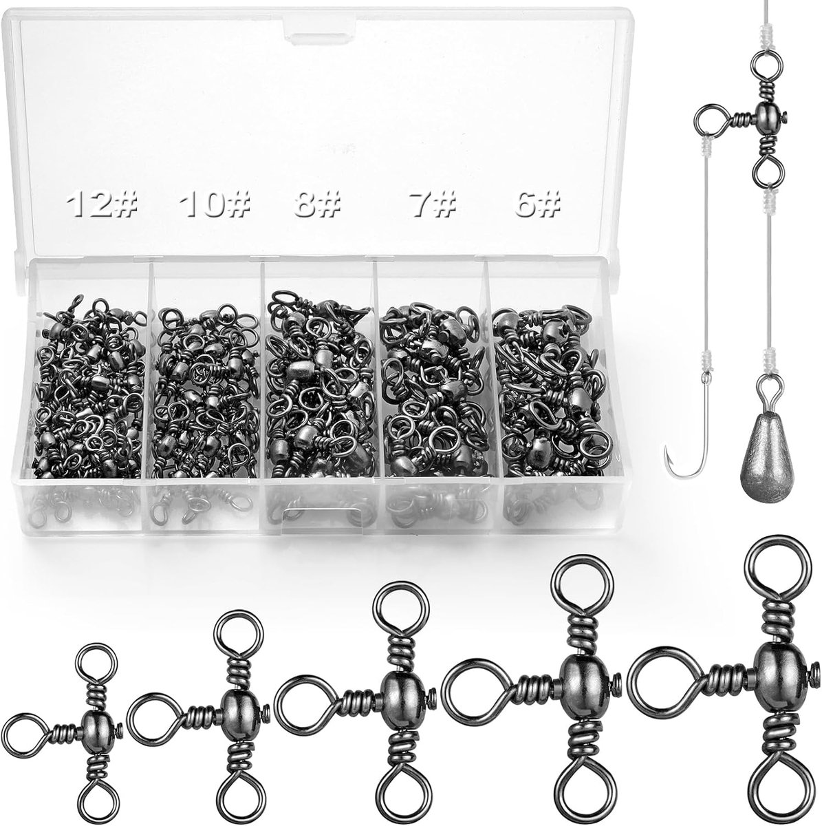 100 stuks 3-weg Draaibare Vistuig 6# 7# 8# 10# 12# Roestvrij Stalen Drieweg Visswivels Zoutwater T-vorm Zwart Nikkel Triple Swivel Visserij voor Meerval Rig Shaddock Visserij Zeevisserij