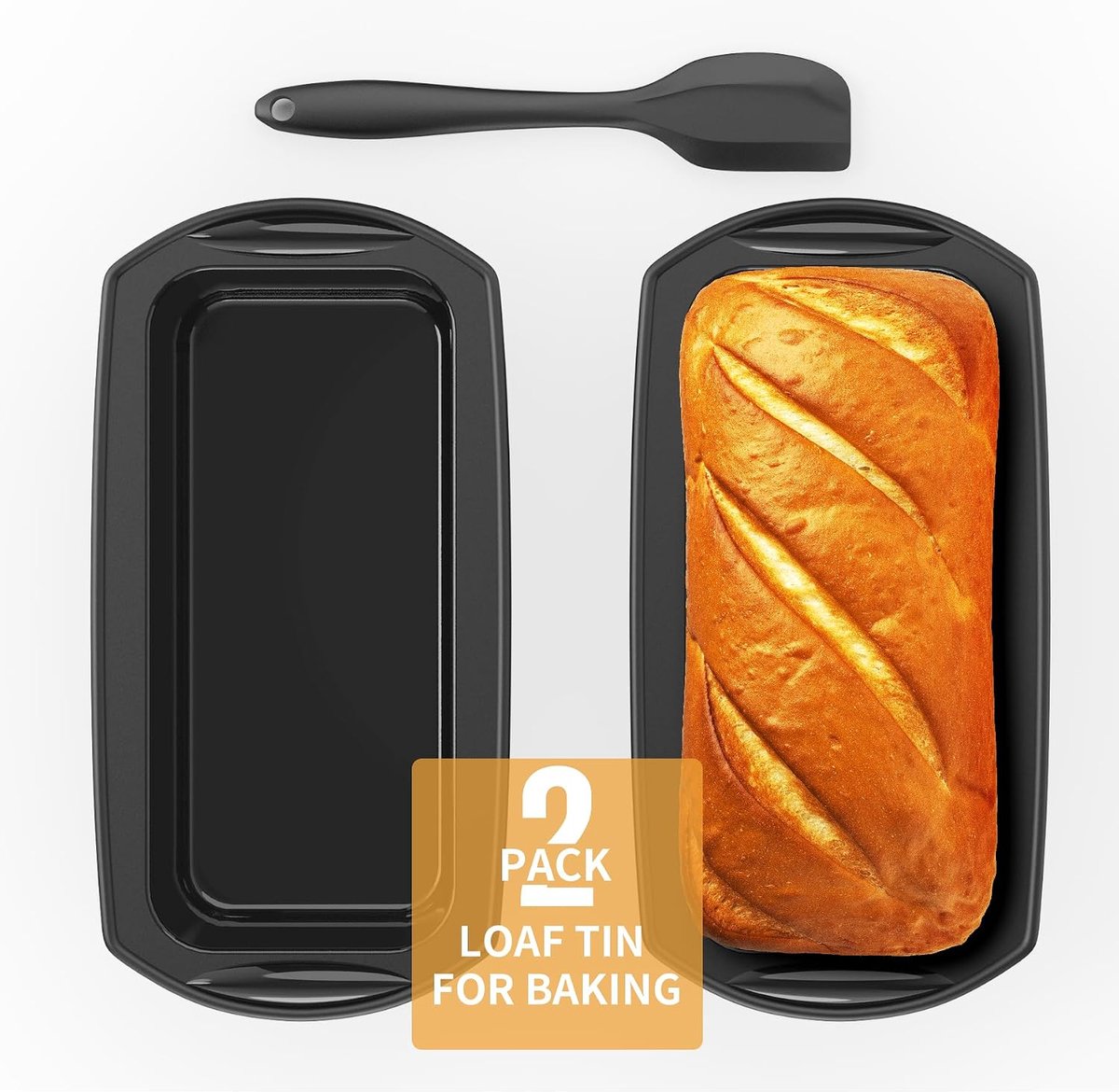 Rechthoekige broodbakvorm van siliconen met deegschraper, set van 2 siliconen vormen met anti-aanbaklaag voor cake en brood, 28 x 14,3 x 6,3 cm, zwart