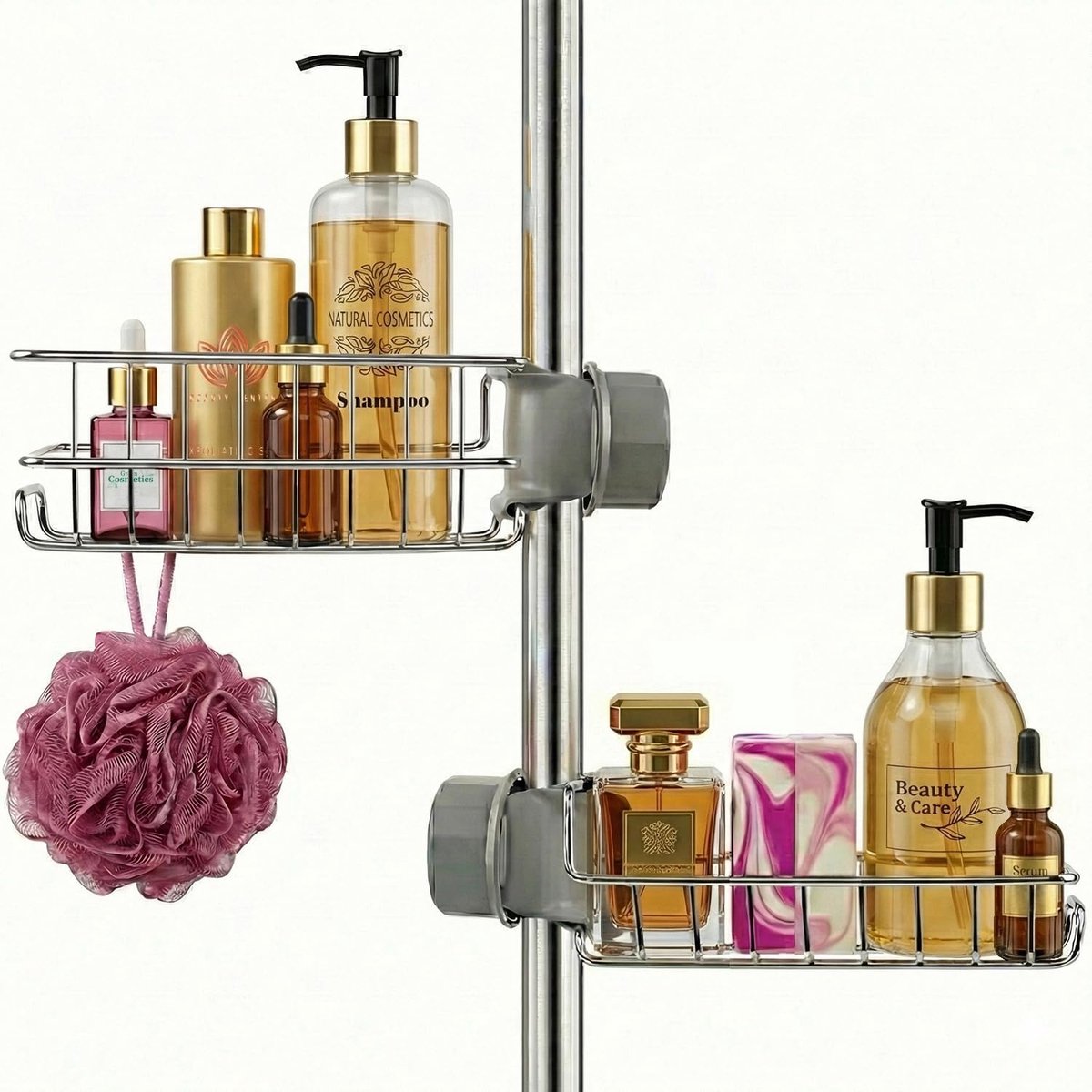 Doucherek, slimme opbergplank, shampoo- en zeepopbergplank, roestvrijstalen plank zonder boren, premium duurzaamheid, flexibele pasvorm, 100% praktisch