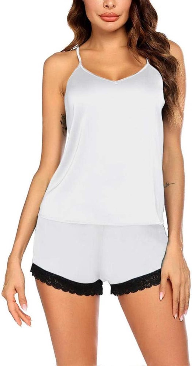 Dames Sexy Satijnen Nachtkleding Twee Stukken Sling Tops Met Boyshort Kanten Pyama Set