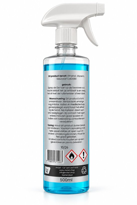 Achterkant van een fles MOLAT DE-ICER ruiten ontdooier met productinformatie en 500ml.