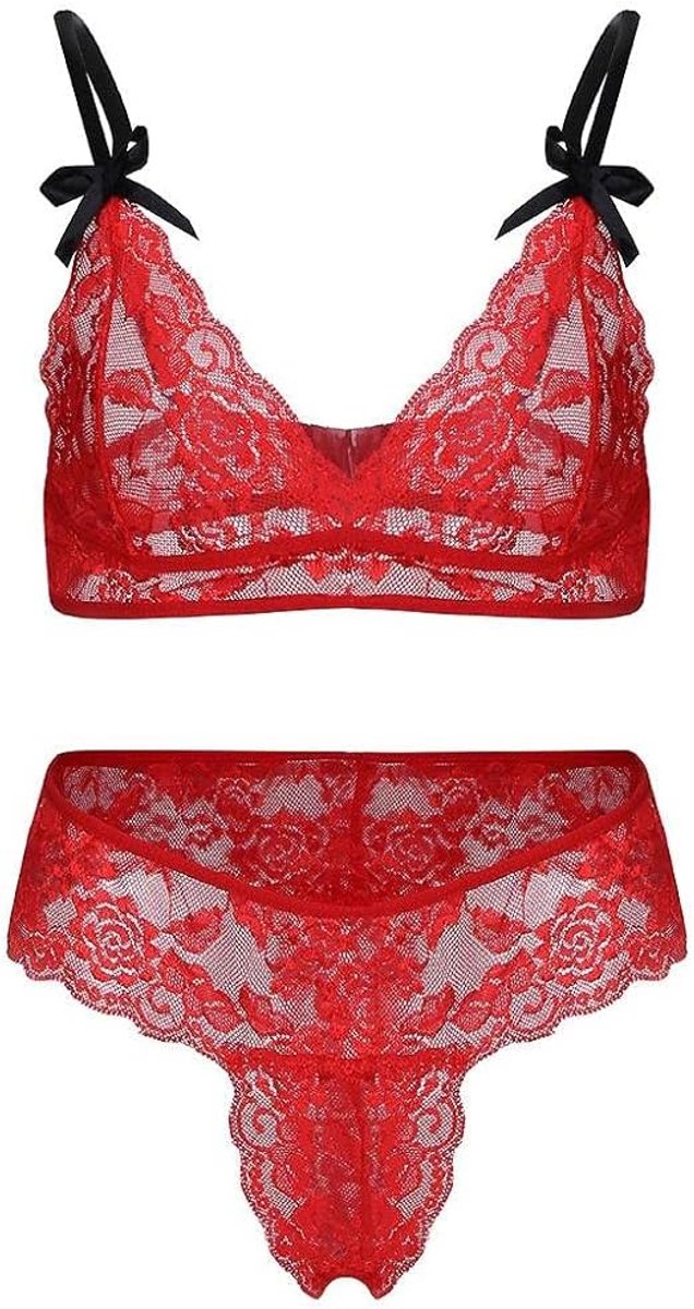 Sexy dames erotische lingerie Dames kanten lingerie set zonder beugel BH en string set-red_M
