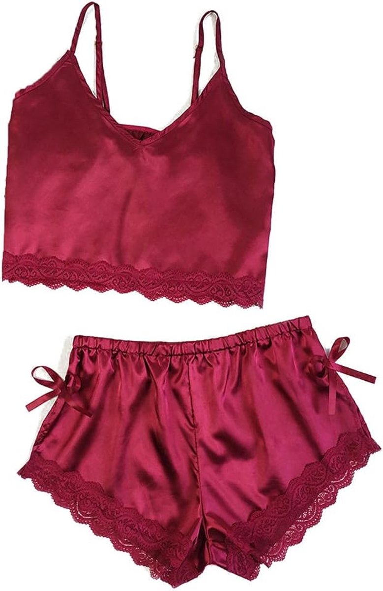 Kleding Dameskleding Wijnrood Effen kleur V-hals Tops + Shorts-Rojo_XL