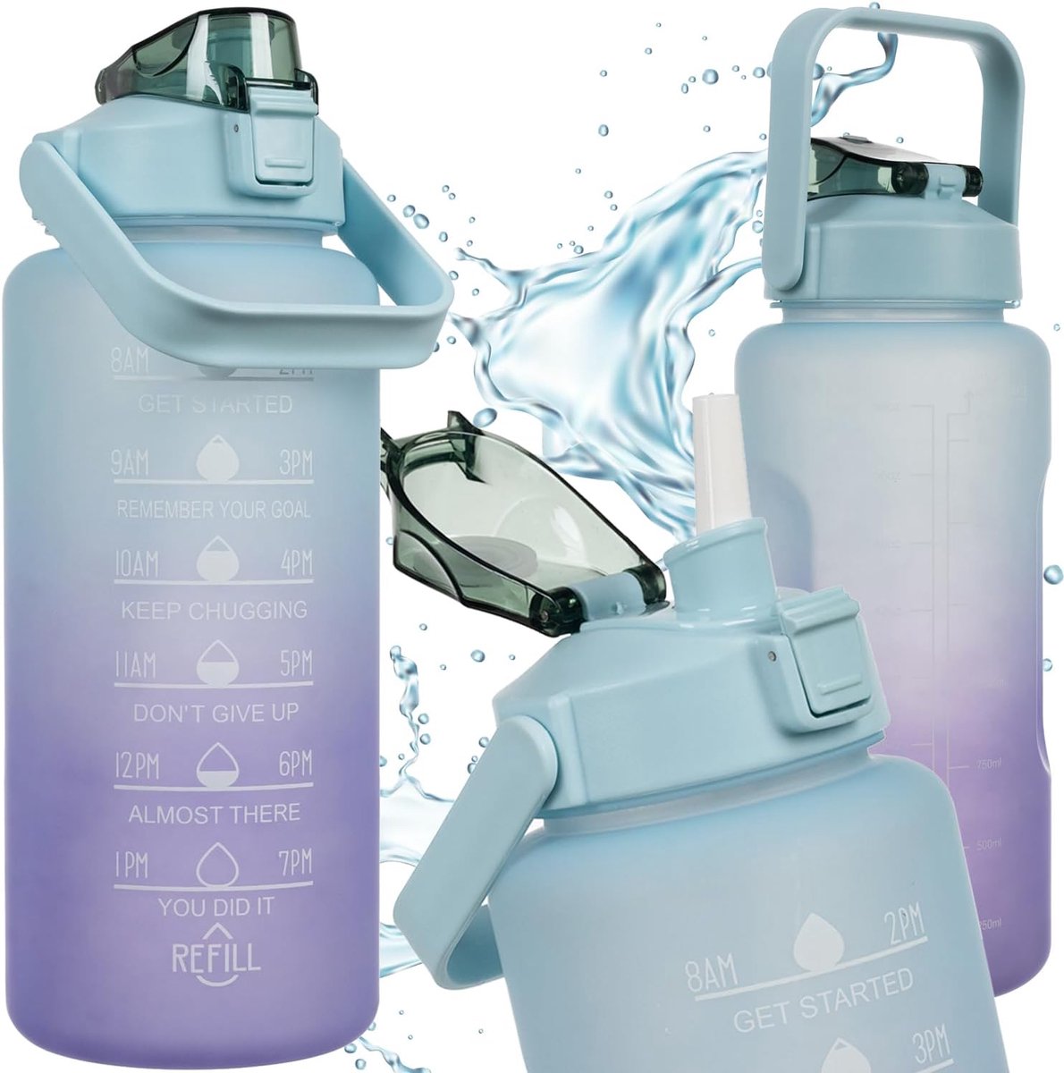 Motiverende waterfles met tijdmarkering en rietje, 2 liter, sportfles voor school, werk, sportschool, buitenactiviteiten