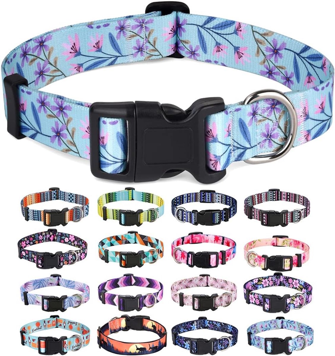 Zachte halsband voor honden, met bloemmotieven, verstelbaar, voor kleine, middelgrote of grote honden (paarse/roze bloemen, XS)