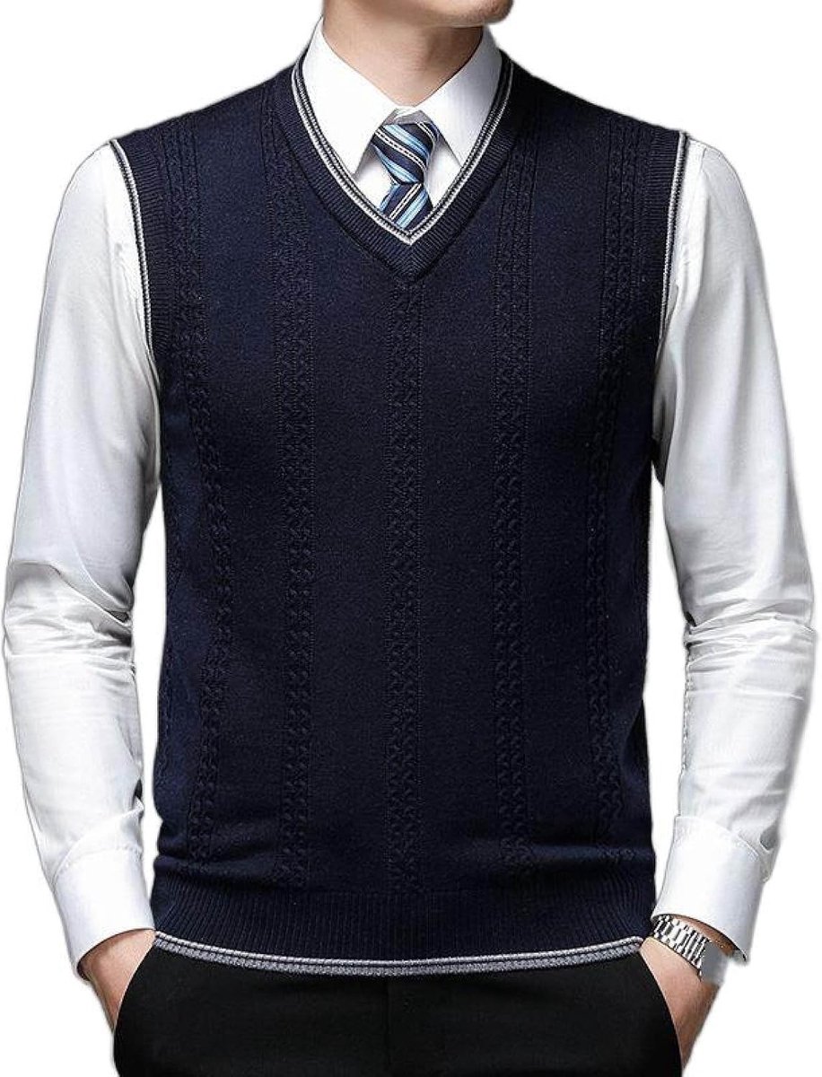 Vest Voor Heren Met V-Hals, Klassiek Gebreid Vest Met Kabel In Contrasterende Kleuren, Casual Gebreid Vest Met Dieptepunt, Klassiek Zakelijk Herengebreid Vest, Trui-Tanktops, Marine