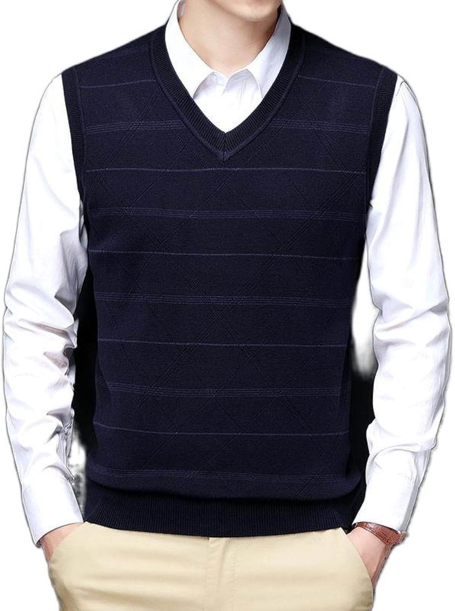 Kasjmier Vest Met V-Hals, Winter Contrasterende Kleuren Gestreept Mouwloos Gebreid Vest Pullover Trui Vest, Klassiek Zakelijk Heren Gebreide Vest Trui Tanktops, Donkerblauw, S
