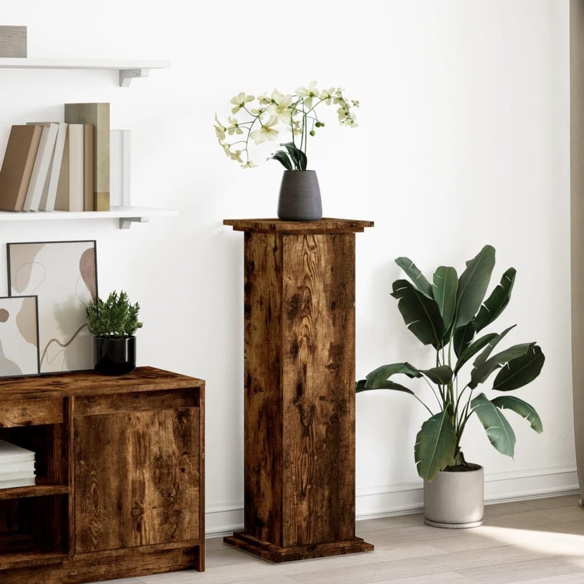Bloemenstandaard van houtmateriaal in rookeiken, 31 x 30 x 90 cm, met deur en drie verborgen vakken voor opbergruimte, vierkante bovenplaat voor decoratie, naar keuze