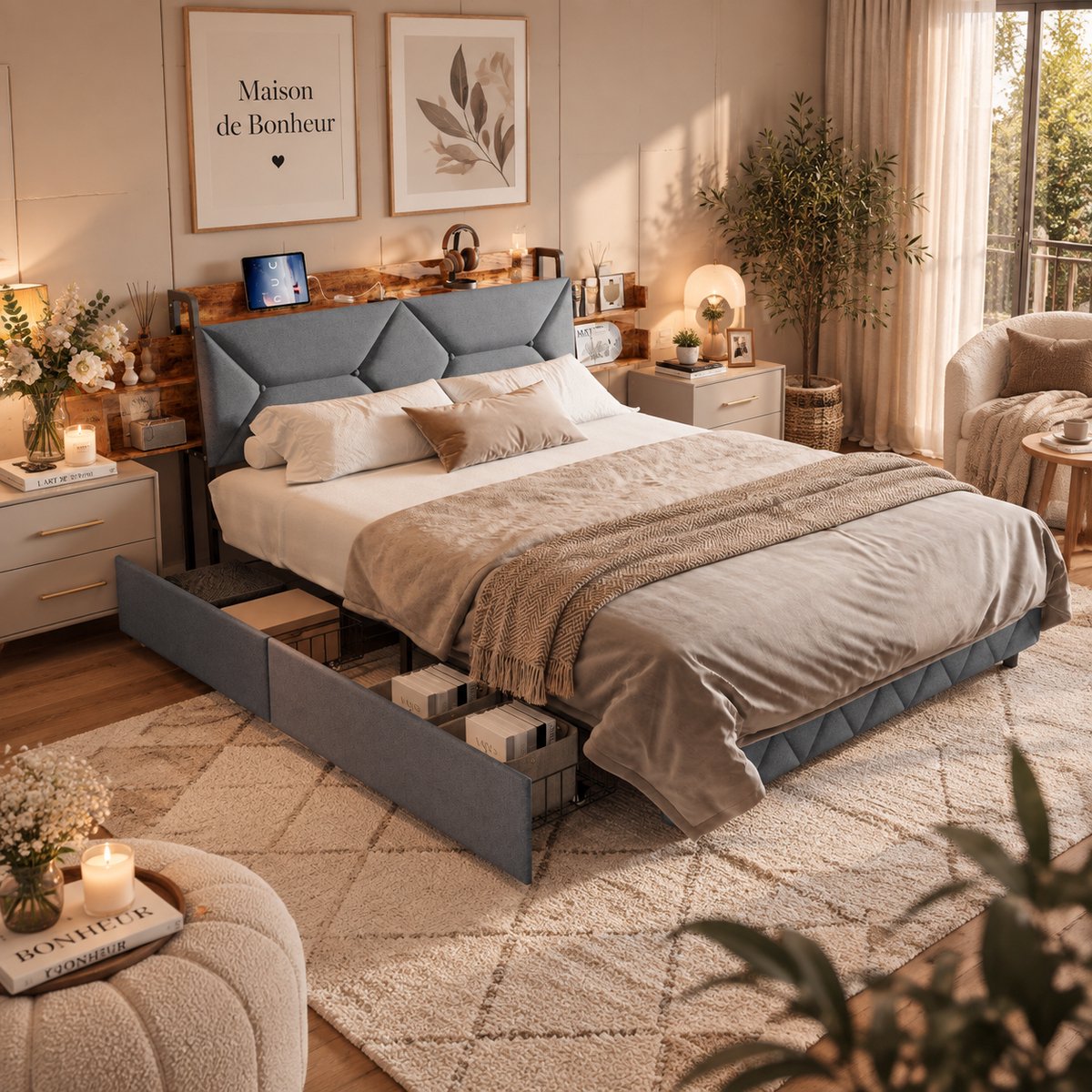 MEXUS Tweepersoonsbed 160x200 cm met opbergruimte en lattenbodem, gestoffeerd met 4 lades, hoofdbord met verborgen opbergruimte en USB-poort, bed voor volwassenen en tieners, fluweel Grijs