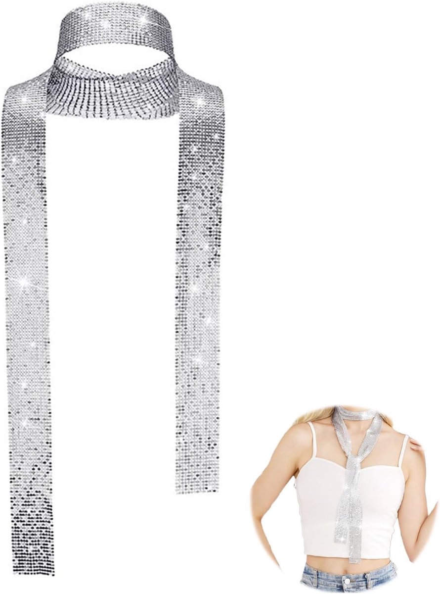 Metallic sjaal, zilveren sjaal met metalen pailletten, smal lang halsdoek voor dames, kostuum-accessoires voor meisjes, avondfeestje, bruiloft