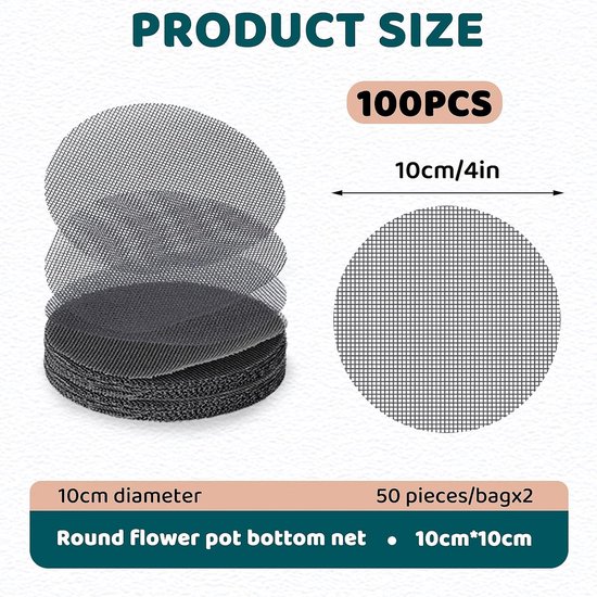 Bloempotrooster - 100 stuks - Plantennet voor buiten pot - Anti Drainage Netten - Drainage rooster planten - Drainage gat mesh pad - Geschikt Voor De Meeste Bloempotten - 10×10cm - zwart — afbeelding 5