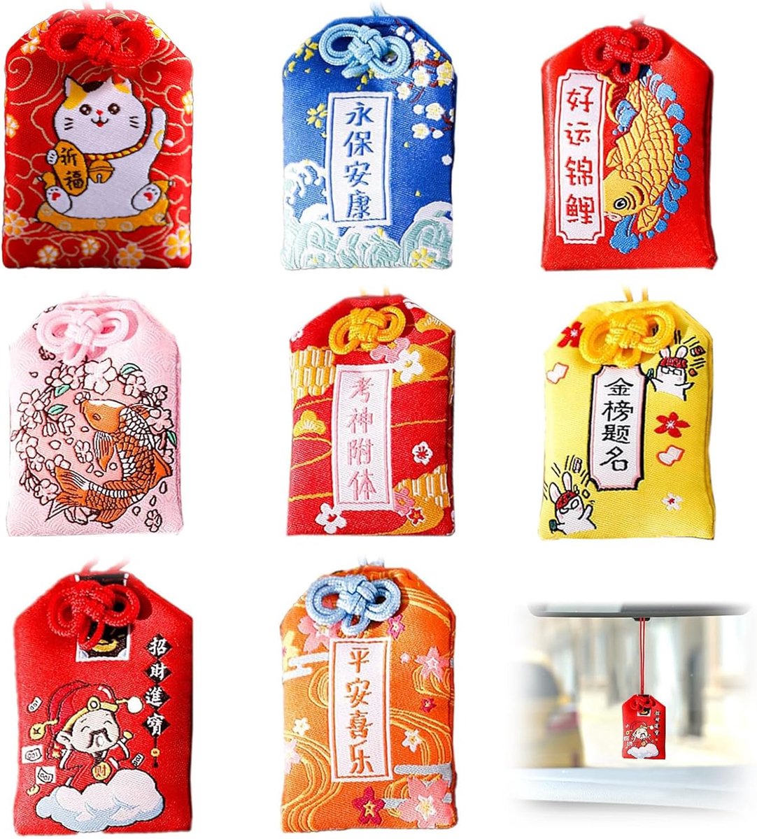 Charms 8pcs Amulet Zegen Tas Omamori Charm voor Gezondheid Japanse Omamori Charme Japanse Omamori Amulet Geluksbrenger voor Gezondheidscarrière Onderwijs Liefde Veiligheid Rijkdom Good Luck