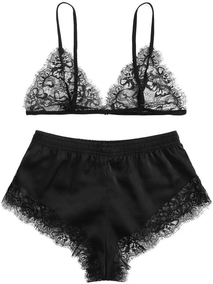 Kleding Dames Ondergoed Draadloze Beha Slips Kleding Transparant Kant Sexy Lingerie-Black_M