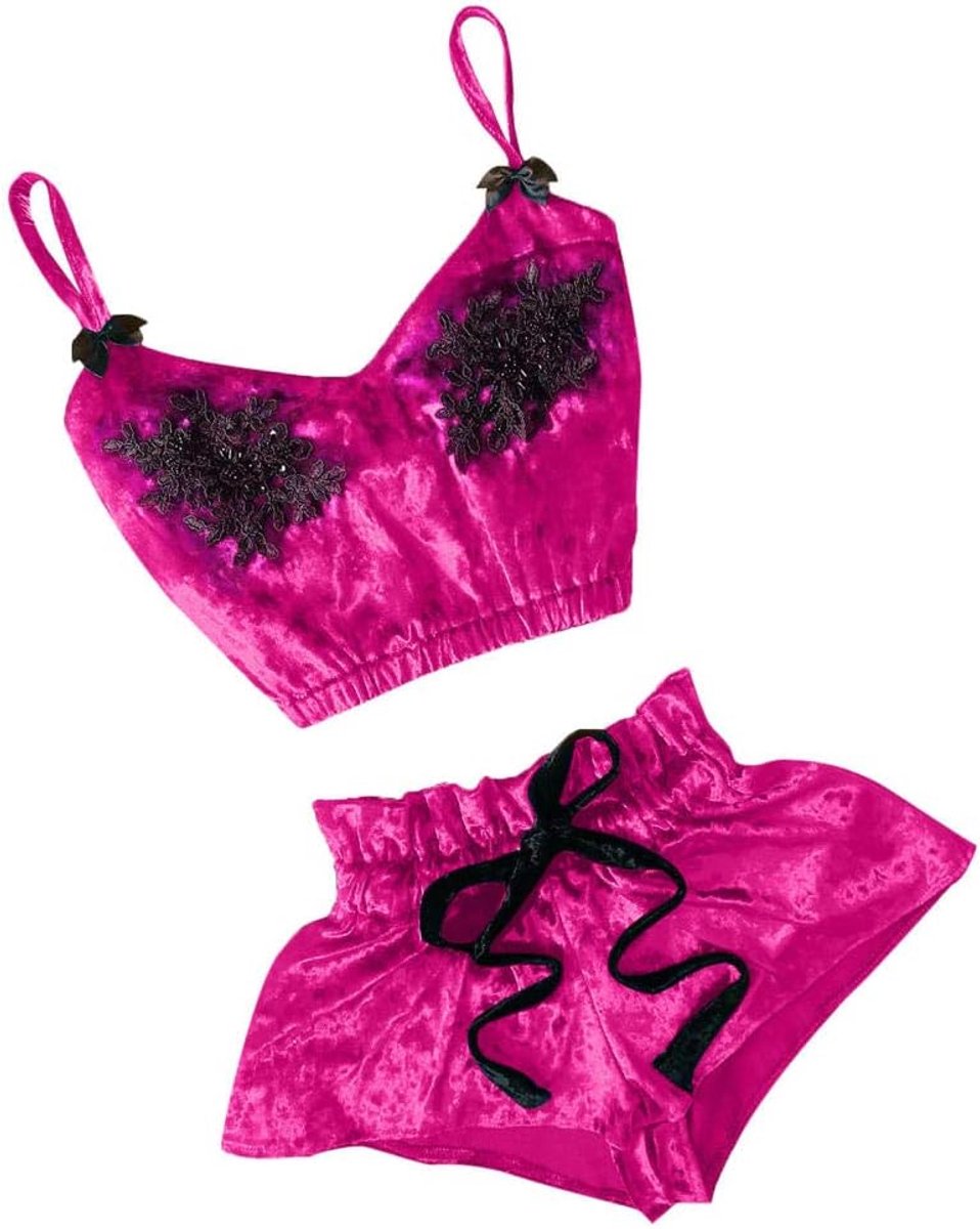 Lingerie voor dames V-hals transparante lingerie met jarretelgordel lingerie bodysuitDames Pyjama Set V-hals Sexy Hemdje Geborduurd Slaap Tops Shorts Set Pyjama-Hot_pink_XL