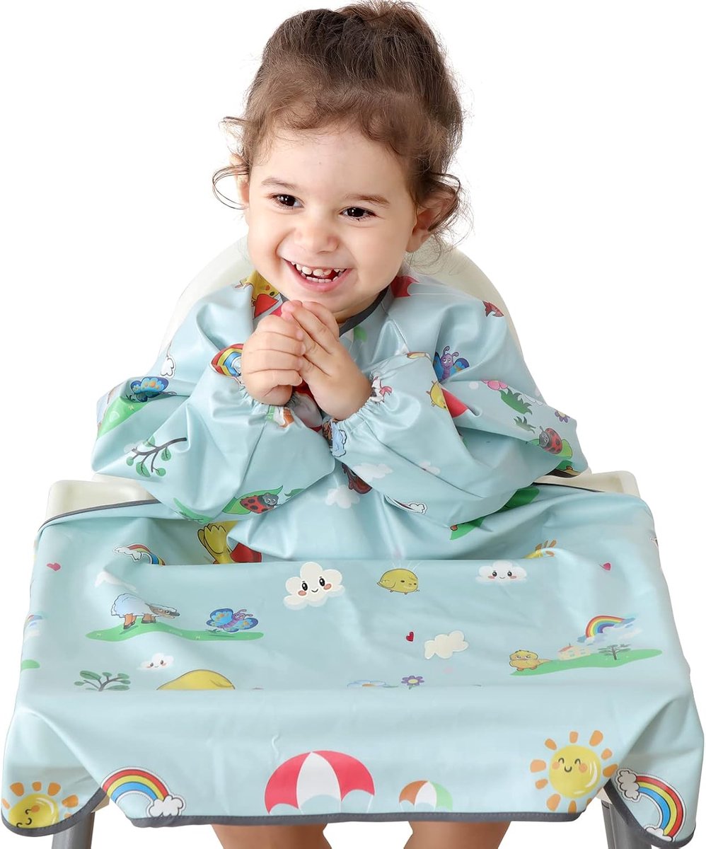 Slabbetje, slabbetje voor baby's kinderstoel, slabbetjes met mouwen waterdicht, comfortabel en zacht, voor BLW Mess-6 maanden tot 30 maanden, één maat past iedereen