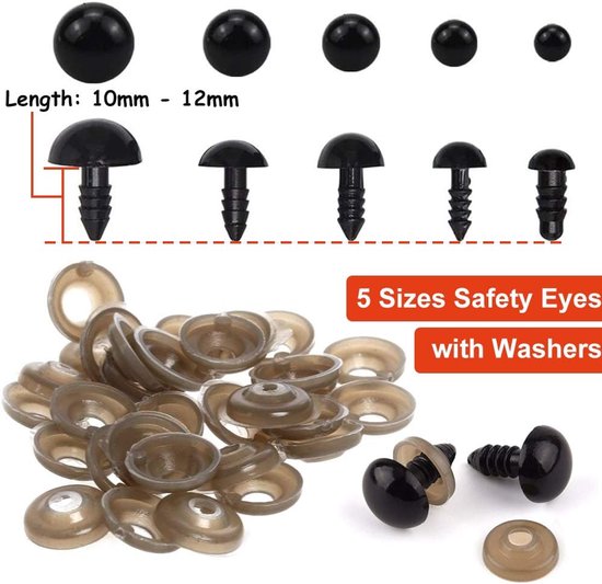 Ogen met ringen, 150 stuks kleine poppenogen knutselspeelgoed ogen teddybeer ogen 6 mm/8 mm/9 mm/10 mm/12 mm, zwarte plastic veiligheidsogen voor het maken van zacht speelgoed / gebreid — afbeelding 5
