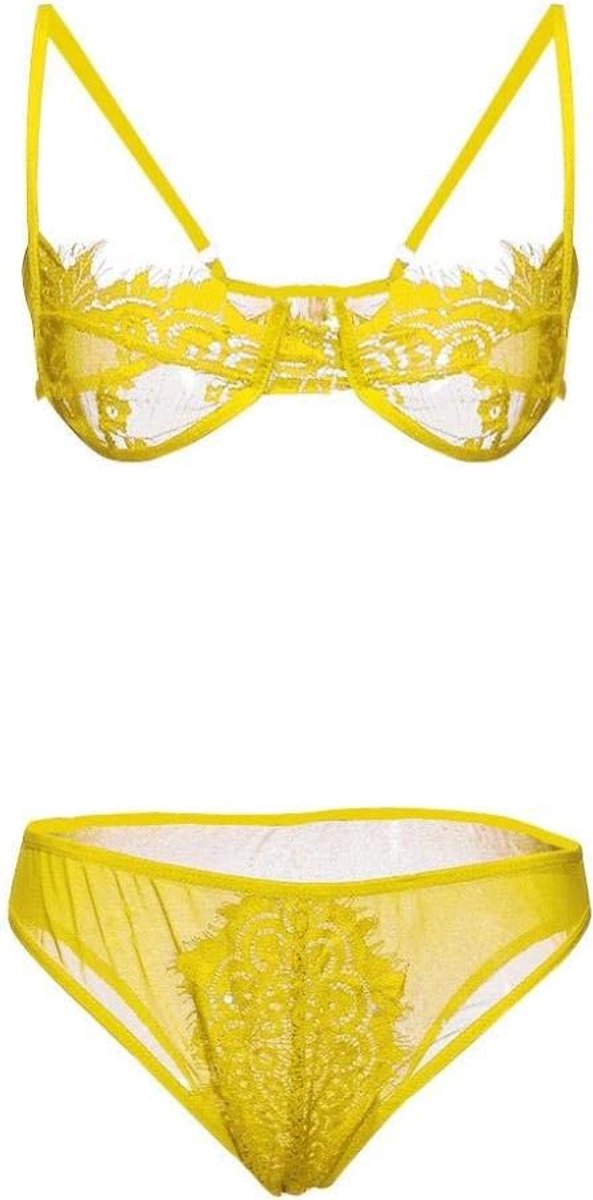Sexy kanten nachthemd bretels sexy lingerie vrouwen petticoat lingerie pyjamaSexy Lingerie Set Bralette Vrouwen Bh Set Kanten Dames Ondergoed Sets Bh en Panty Set-Yellow_XL