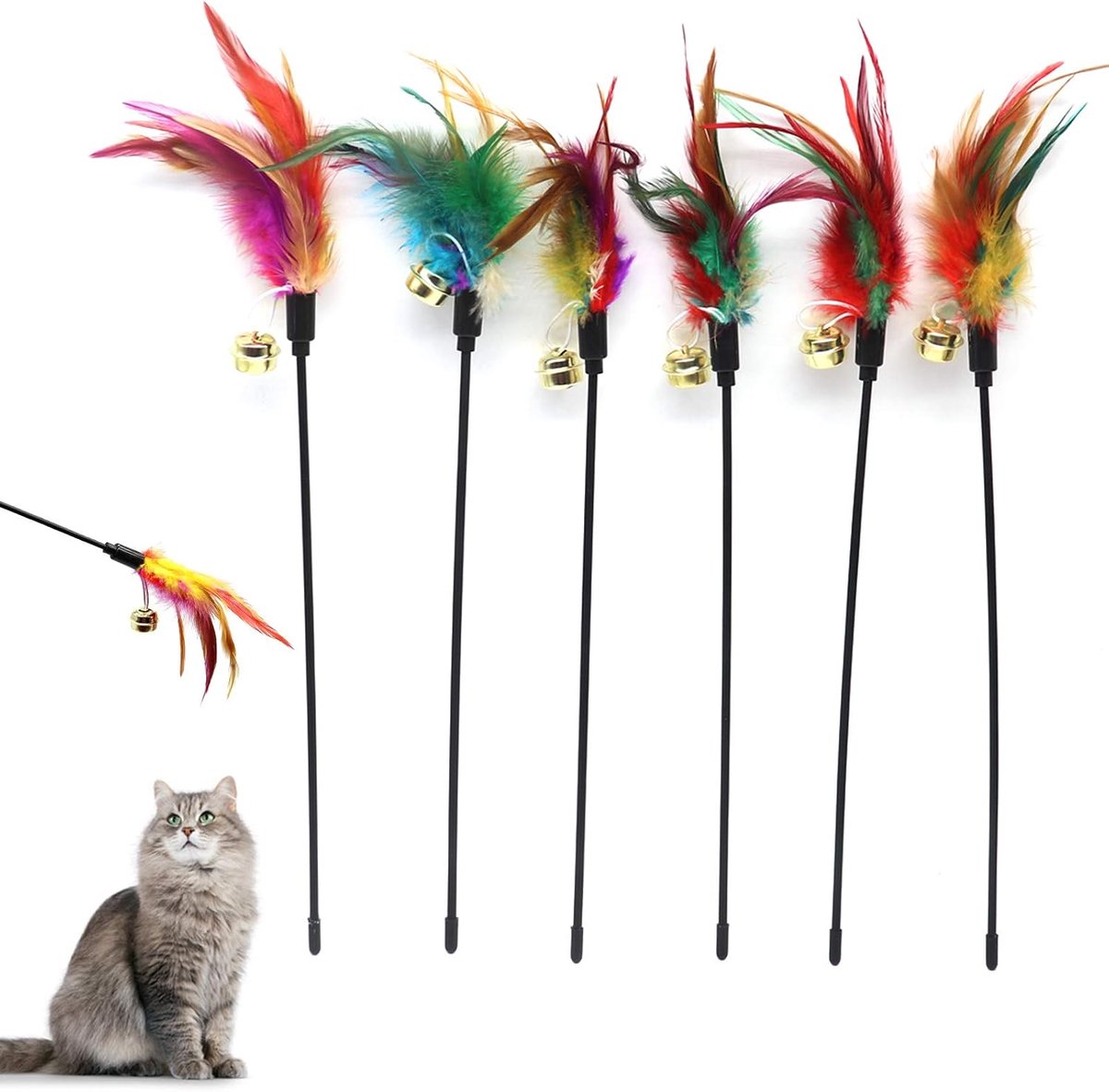 Set van 6 veren toverstokken voor katten - variabele kleur - gekleurde veren - voor katten en kittens
