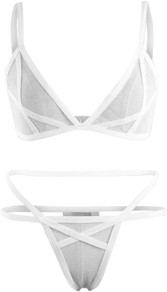 Lingerie voor dames sexy nachthemd lingerie nachtkleding Kant met stringSexy Mesh Lingerie Set Dames BH Nachtkleding-White_XL