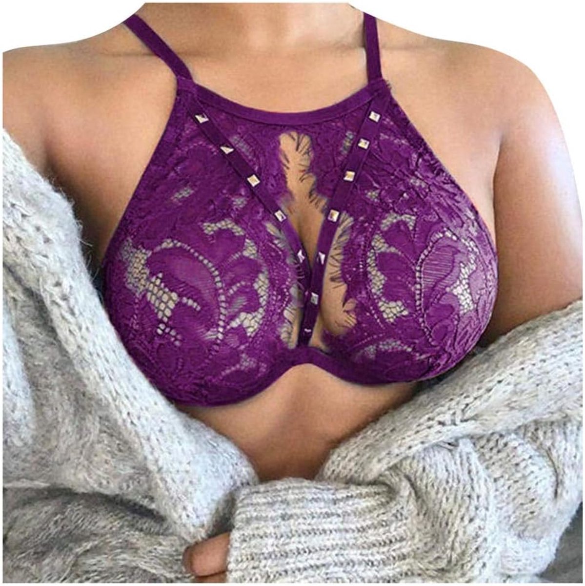 Nachtkleding kant lingerie nachtjurk lingerie sexy jurk met string voor damesVrouwen s Hollow Lace Sexy Lingerie Bralette Diepe V Beha Sexy Lingeri Vrouwen sexy Lingerie Corset Lace Bandage-Purpl