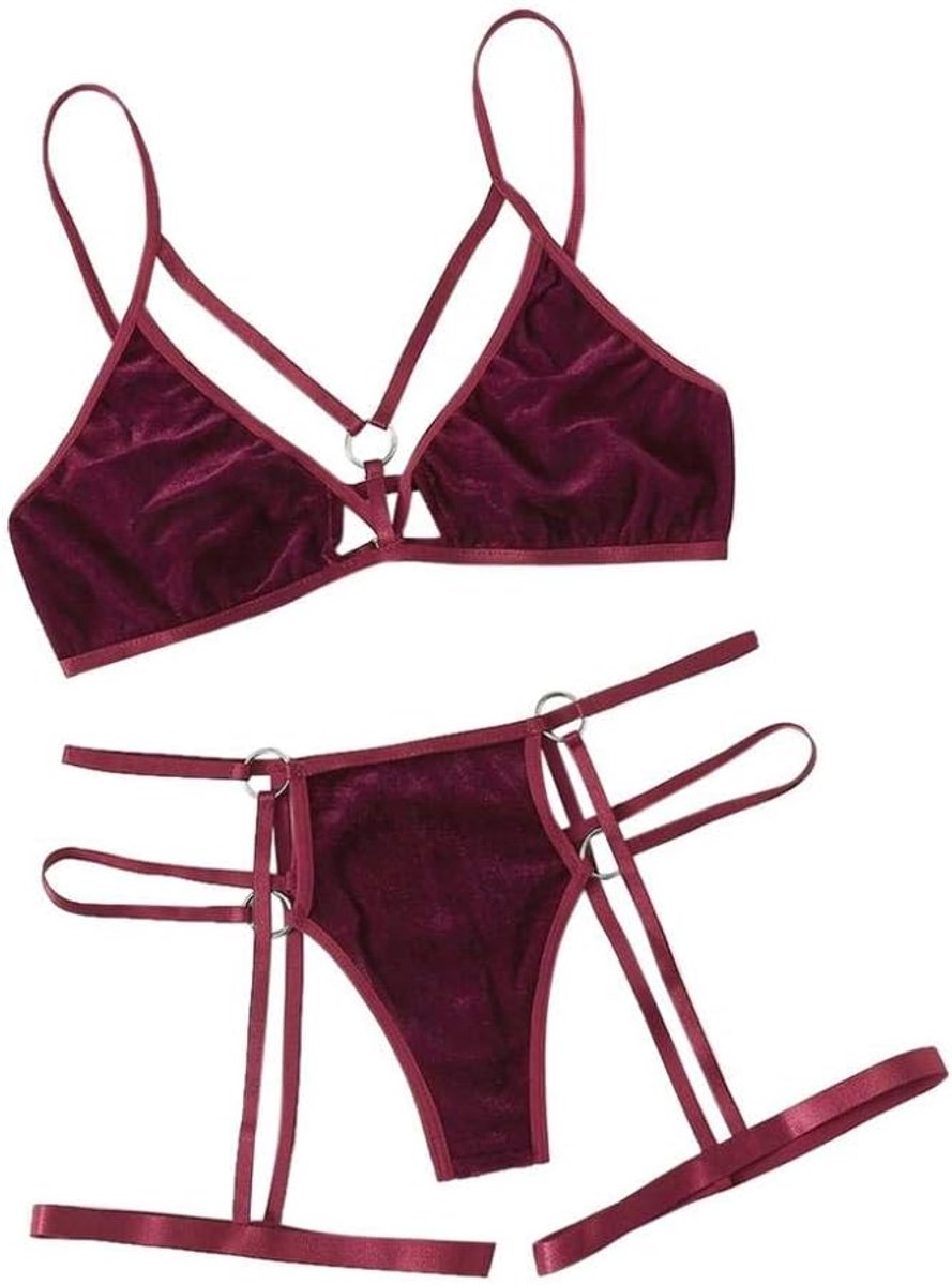 Babydolls, nachtjaponnen & negligés Erotische Lingerie Vrouwen Sexy Ondergoed Draadloze Beha G-String Kousenband Kostuum Verleiding Nachtkleding Porno-Wine_L