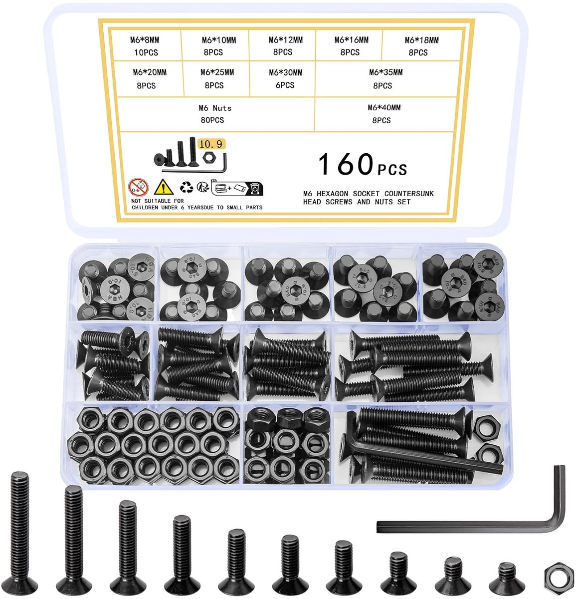 160 stuks M6 schroevenset met inbusschroeven met verzonken kop, inbusschroeven, moeren, platte machineschroeven, en zwarte schroefdraadschroeven met moeren
