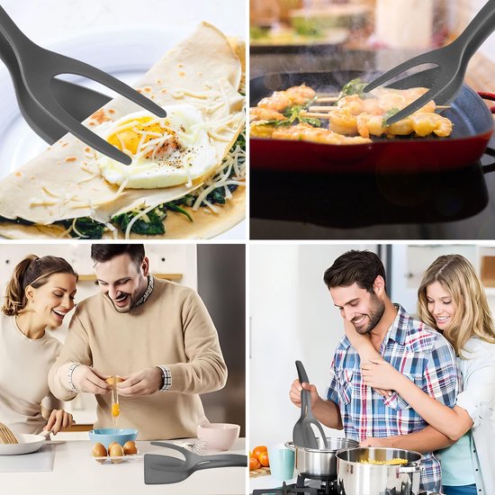 2 in 1 Eierspatel, Antiaanbaklaag Nylon Gebakken Eierdraaiers 2 in 1 Spatel en Tang voor koken Omklapbare Spateltang Grillklemflipper 2 in 1 Schep Keukengereedschap voor Toast Taart (Grijs) — afbeelding 5
