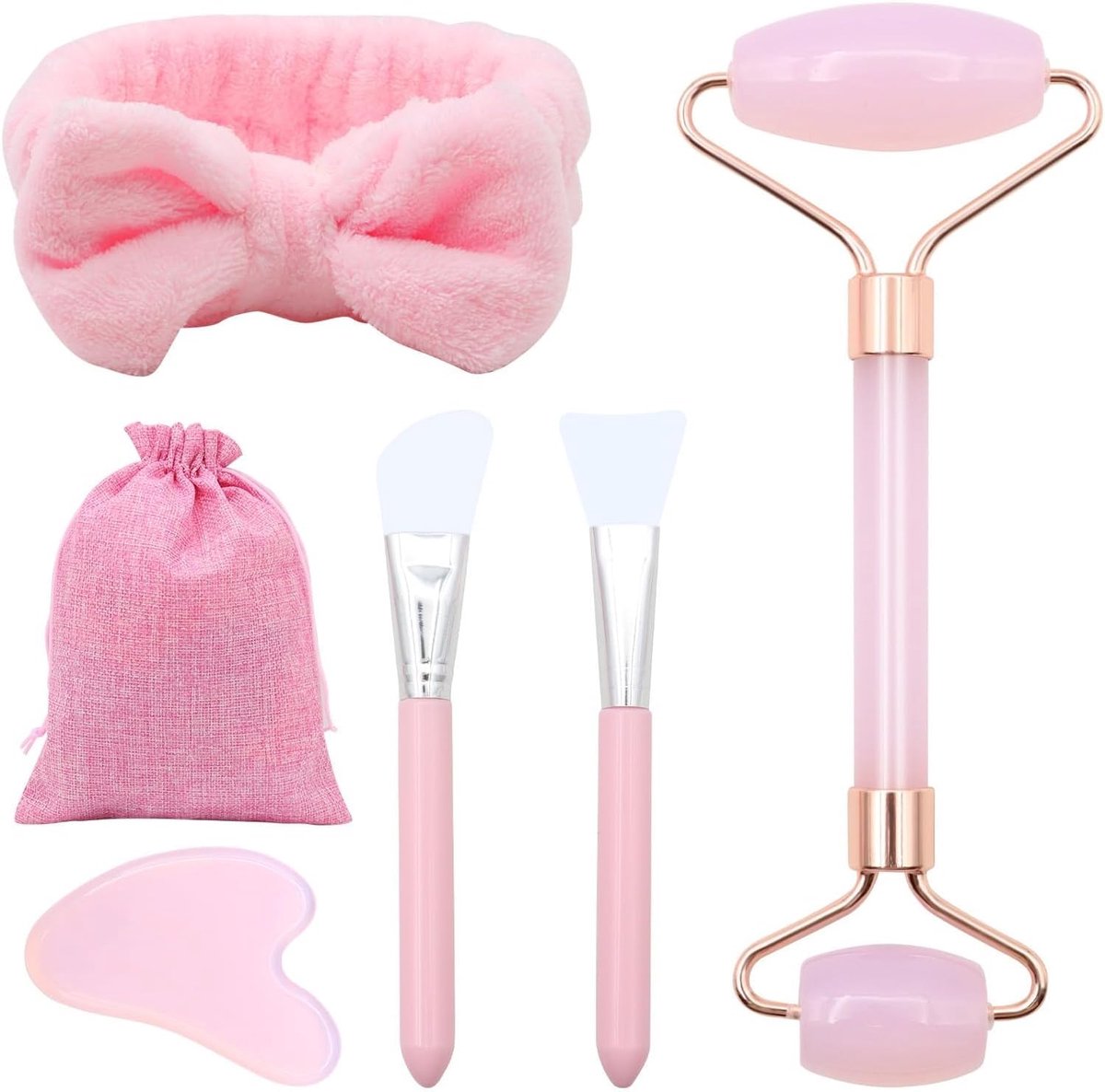 Sha en Jade Rolset - Roze Quartz Jade Stone Gua Sha Gezichtsmassage Tool, Anti-Aging Wellnessset voor Gezicht, Ogen en Hals