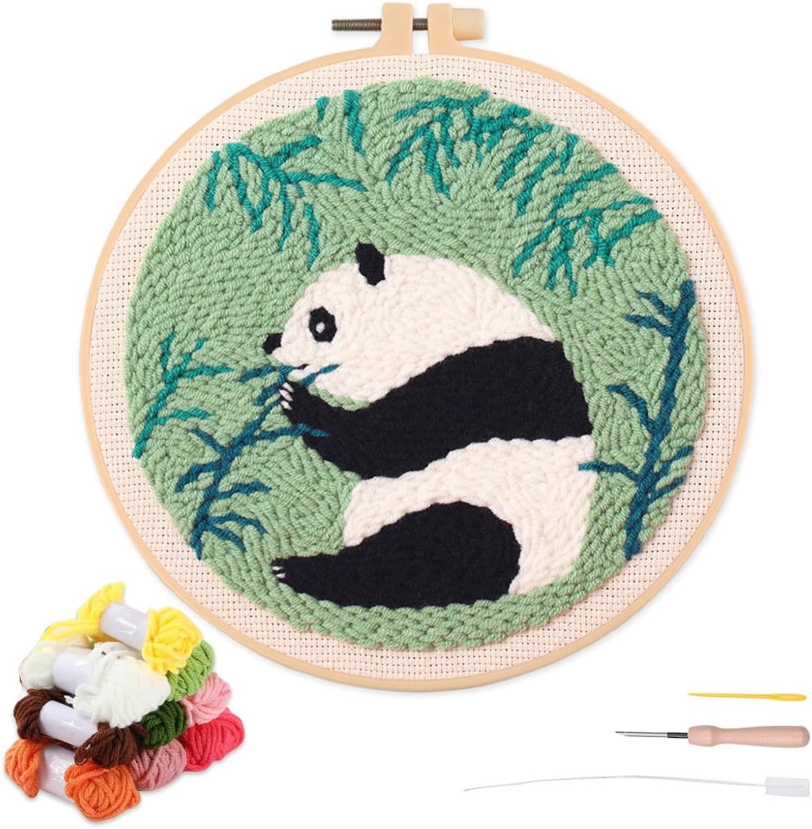 Artcici Punch Naaldset voor beginners met dierenpanda bamboepatroon gereedschap en garen, eenvoudig borduurwerk tapijt haken set