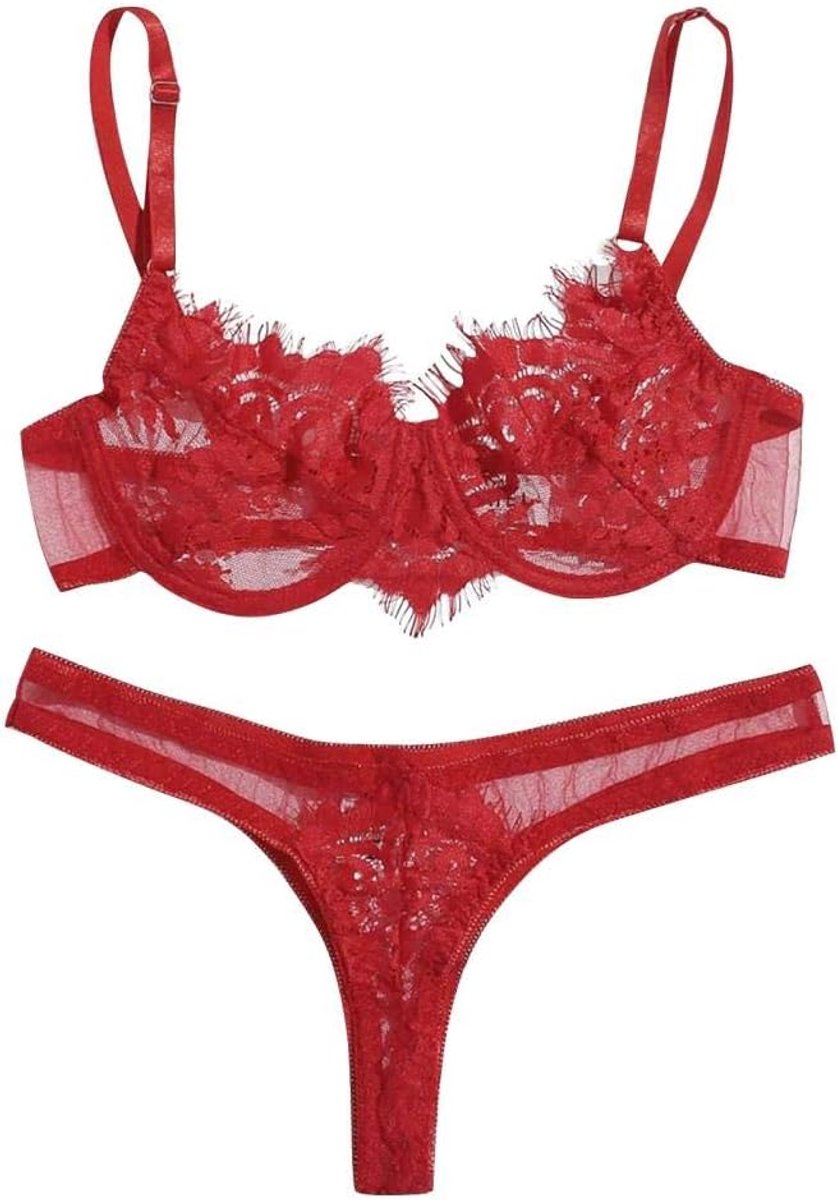 Kleding Vrouwen Sexy Lingerie Bh Thong Rode Ondergoed Set