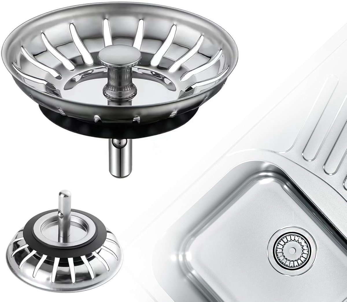 Zeefmandje, diameter 80 mm, spoelbak, zeefmandje, roestvrij staal, spoelbakzeef met stop, zeef voor gootsteen, afvoerstop voor excentrische bediening