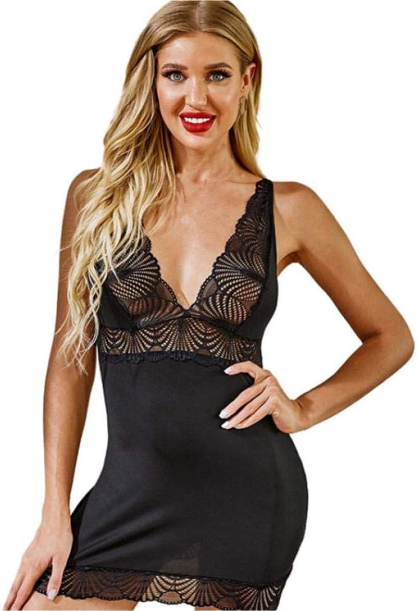 Sexy dames erotische lingerie Sexy Lingerie Vrouwen Porno Diepe V Backless Ondergoed Erotische Kostuum Verleiding Kant Sex Nachtkleding Hollow Out-Black_M