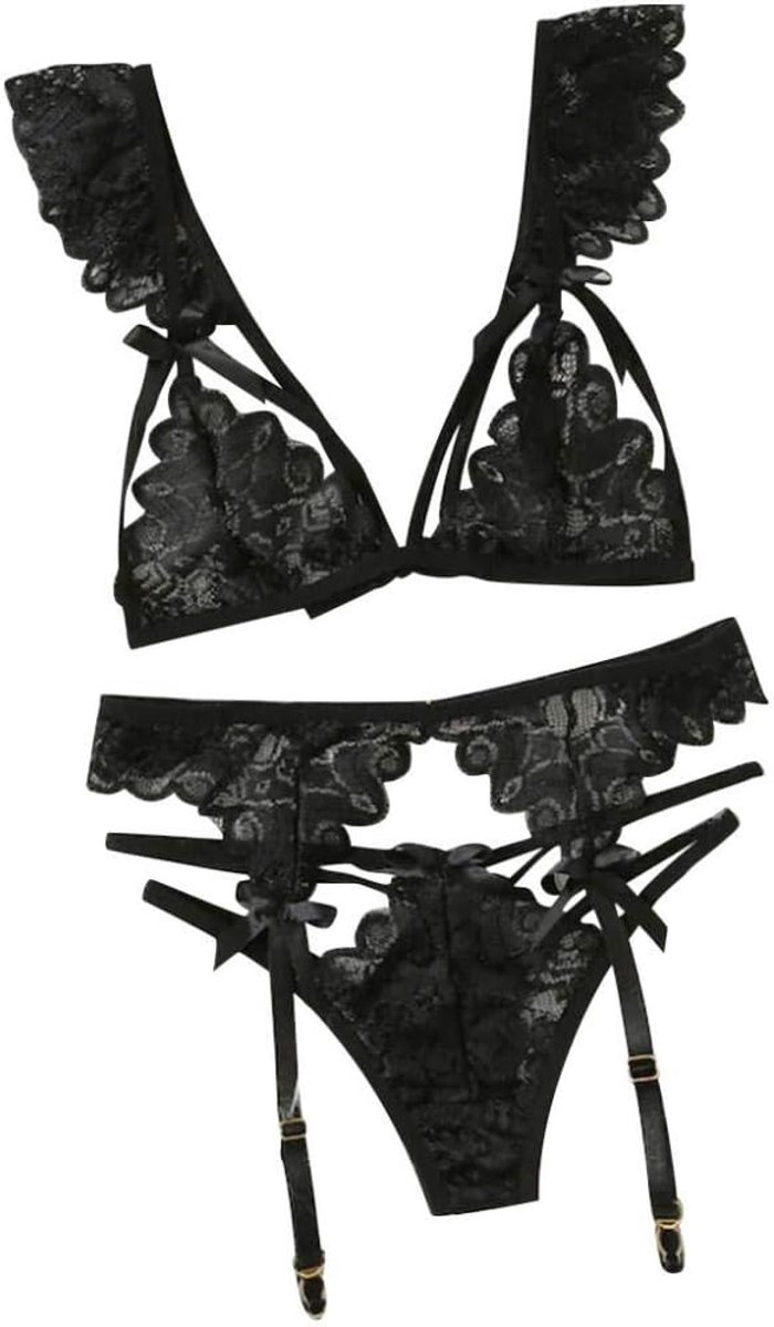 Vrouwen Lace Sexy Lingerie Bandjes Beha Panty Kousenband Set Sexy Ondergoed Kanten Lingerie Erotische Kostuums Set-Black_M