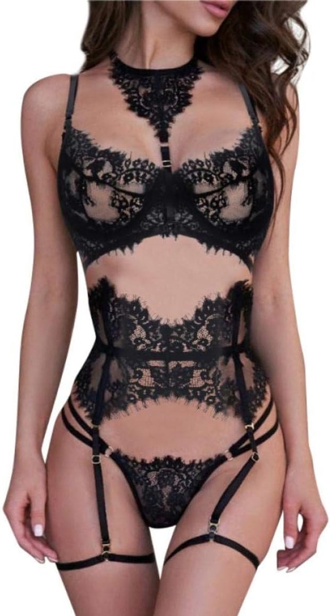 Sexy dames erotische lingerie Erotische Lingerie Vrouwen Sexy Kostuum Kanten Beha String Kousenband Zien Door Ondergoed Verleiding Porno
