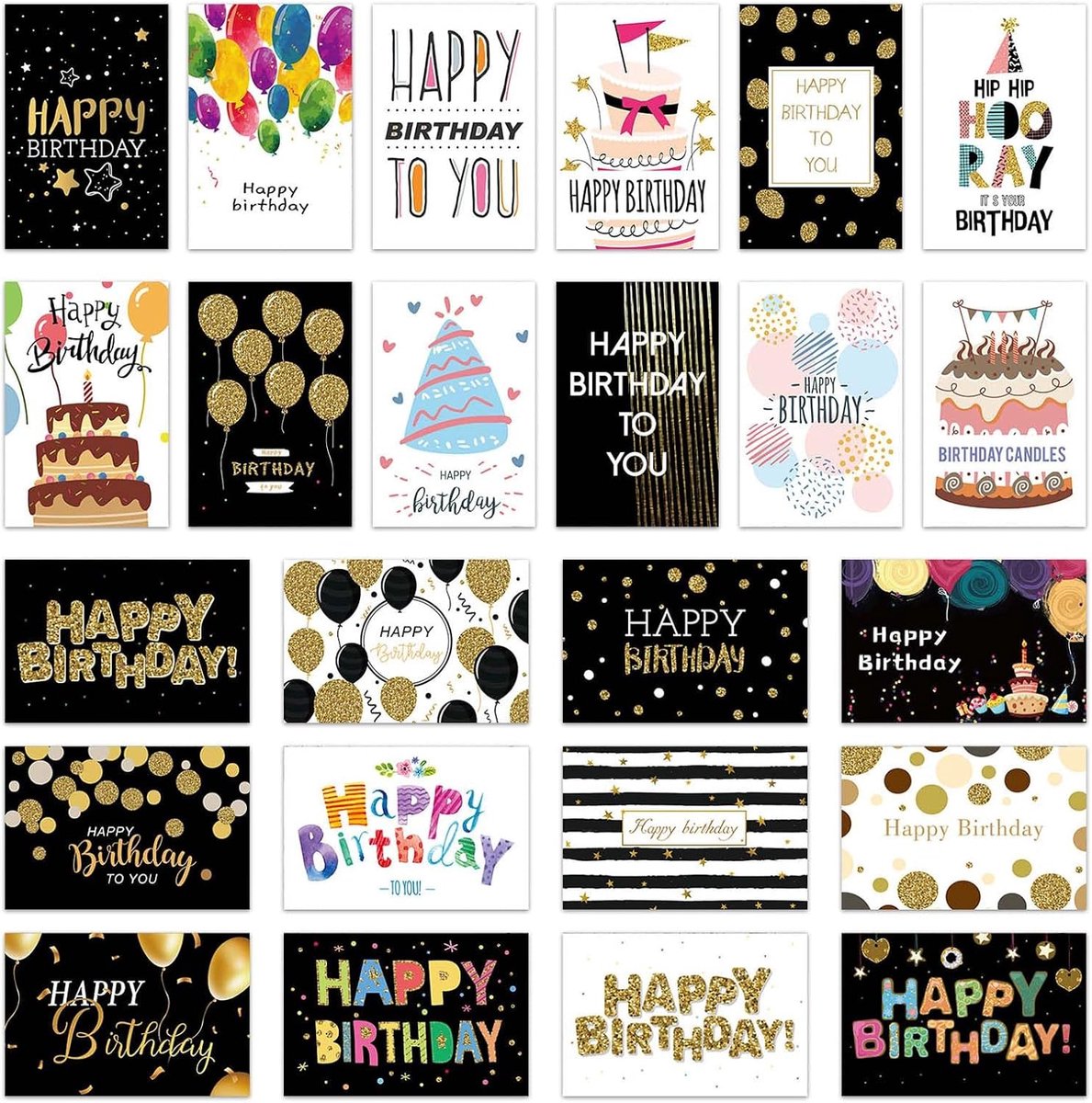 Verjaardagskaarten en Enveloppen, 24 Stuks Happy Birthday Card, Wenskaarten Set Blanco voor Mannen, Vrouwen en Kinderen, Kaarten met Enveloppen