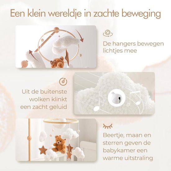 Mobiel voor babybed met bel, witte wolken, maan en bruine beer, hangende decoratie voor babykamer — afbeelding 4