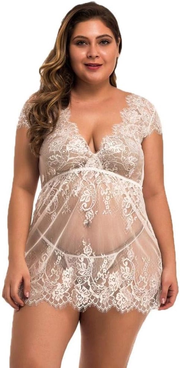 Plus Size Sexy Lingerie Dames Mesh Lace G-string Jurk Ondergoed Verleiding Transparante Nachtkleding Nachtkleding-White_XL