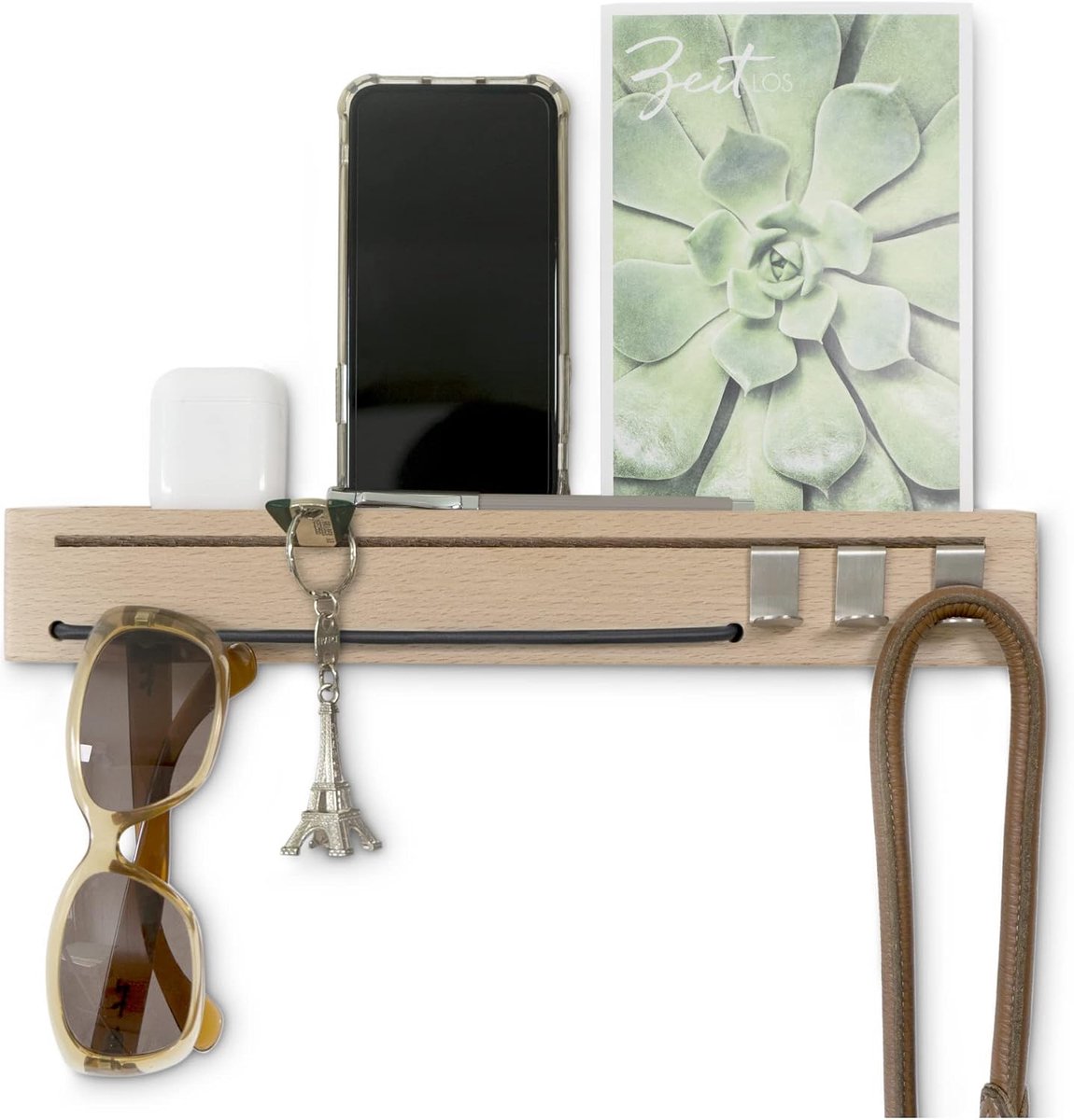 Shoo Sleutelrek met plankje, hout, sleutelhouder, wand-organizer en sleutelplank, brillenhouder, modern, gang, deco, muur, grijs