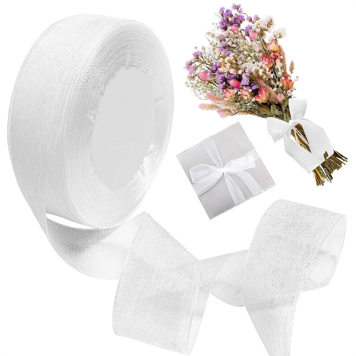 25 mm x 50 yard wit organzaband cadeaulint breed satijnen lint wit lint bruiloft cadeaulinten doorschijnend voor handwerk geschenk DIY feestdecoraties