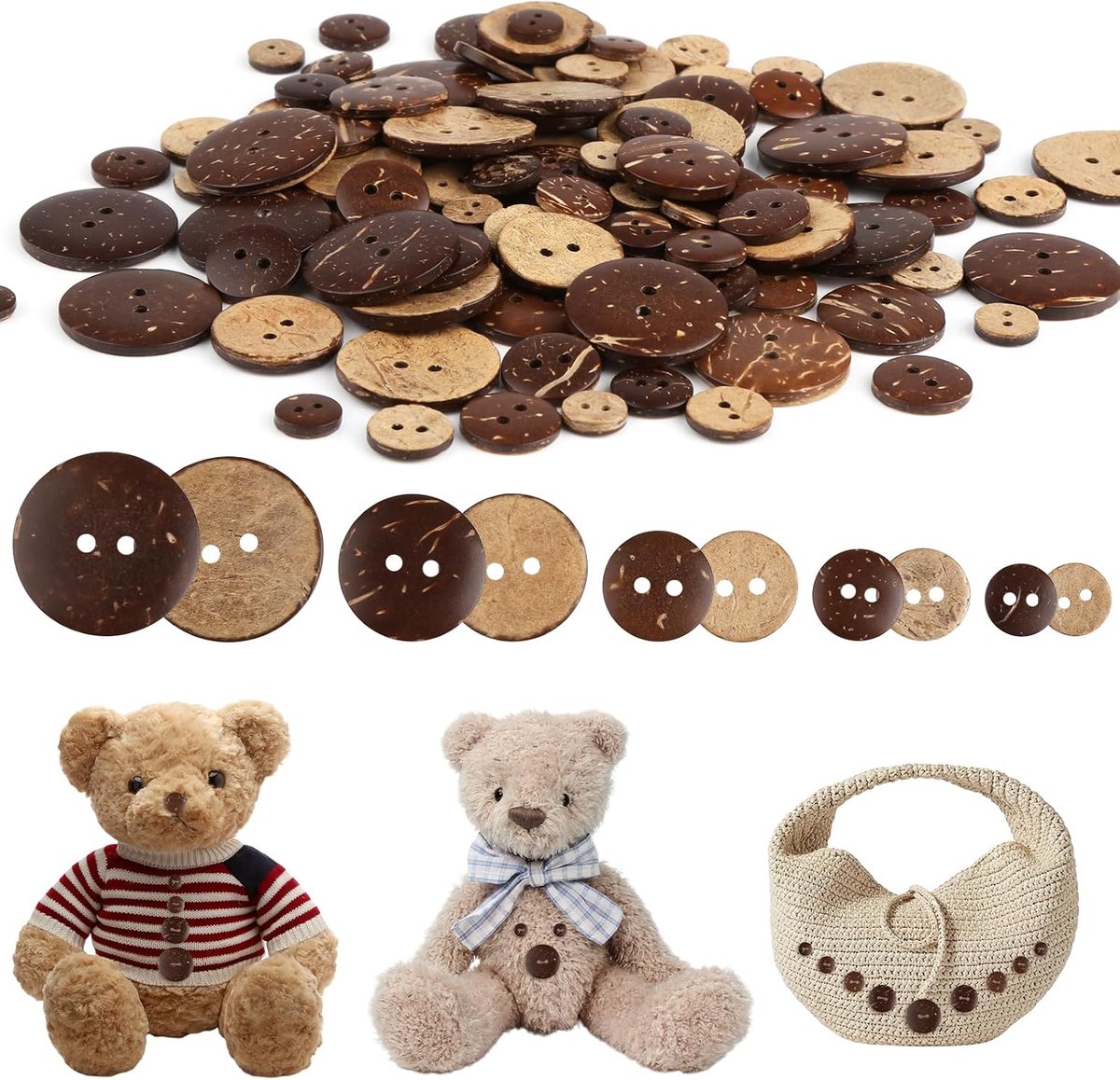 Knopen, ronde knopen hout, vintage houten knopen voor kinderen, 10/12,5/15/20/25 mm, knopen kokosnoot om op te naaien, met 2 gaten, doe-het-zelf naaien, handwerk, decoratie