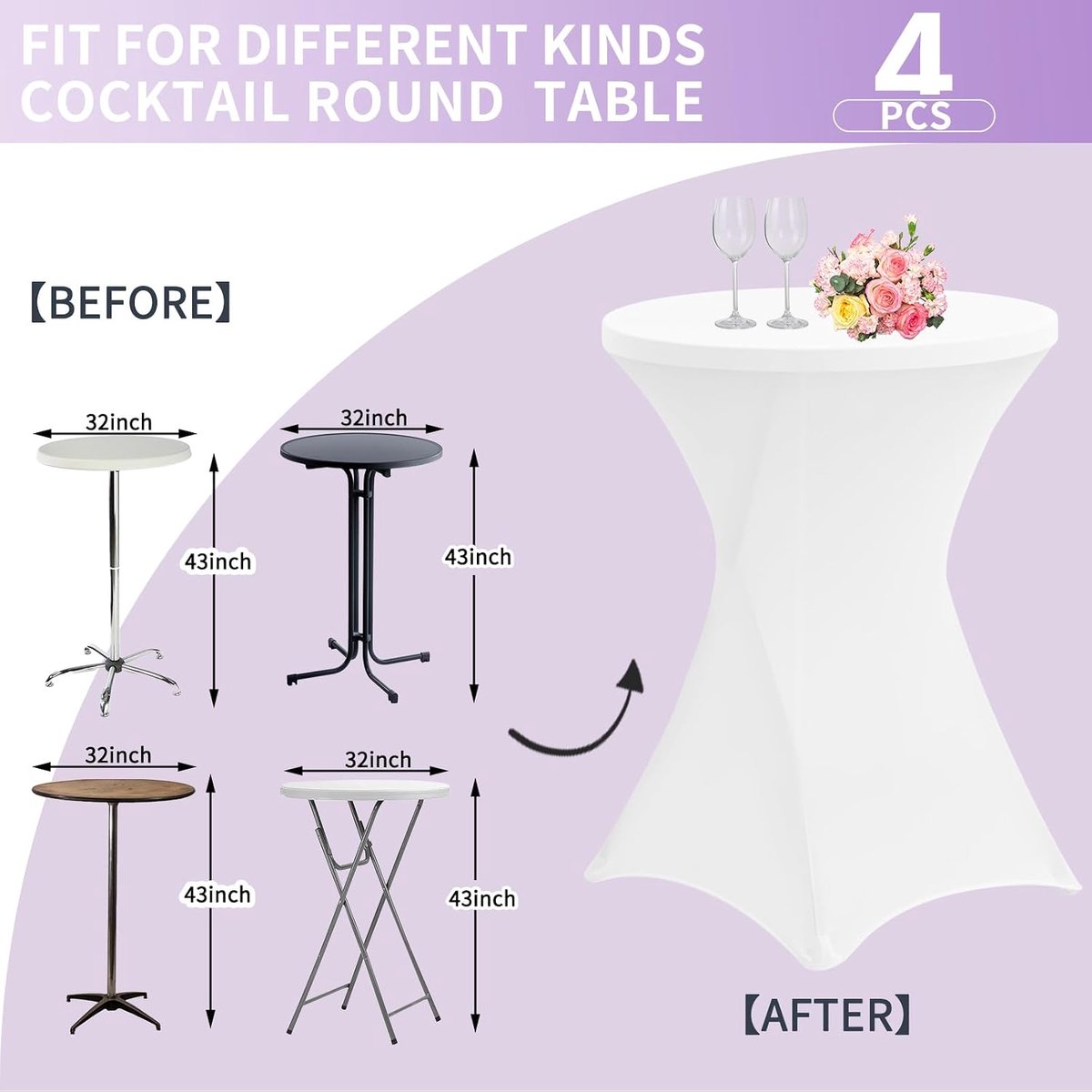 Set van 4 stretch statafelhoezen voor bistrotafel, Ø 80-85 cm, spandex stretch tafelkleed, versterking bij de voet, voor bruiloft, verjaardagsfeest, hoezen voor statafels en bistrotafels (80 x 110 cm,